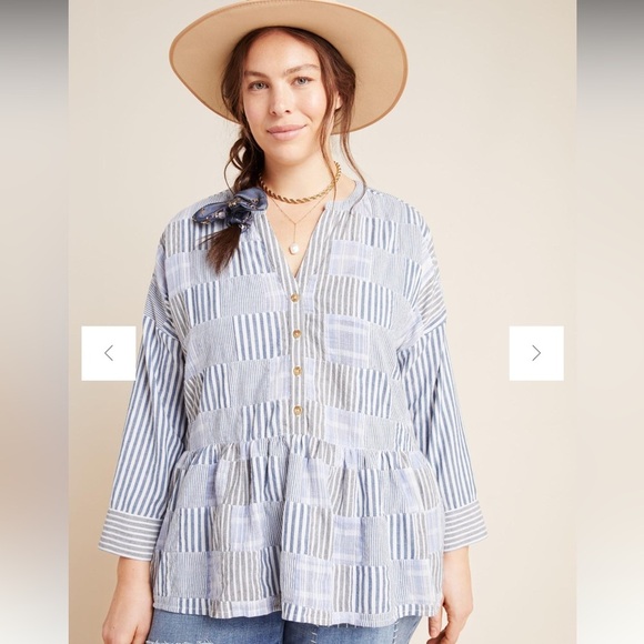 Maeve Anthropologie Size XL Zoe Swing Top Striped Patchwork Oversized Blue White - Picture 6 of 16